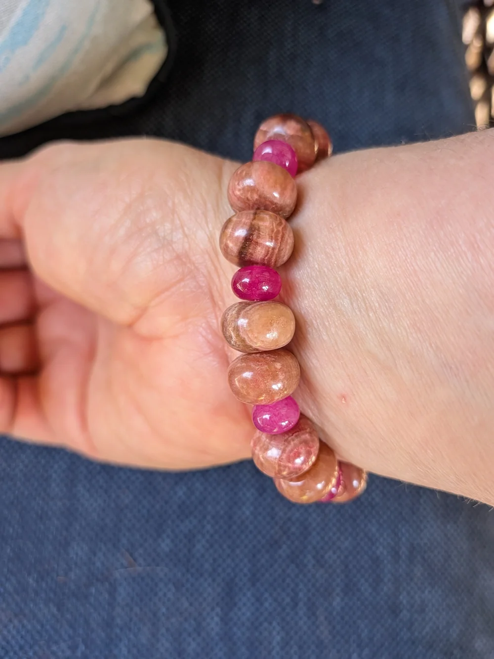 Handmade Rhodochrosite and Pink Jade Beaded Stretch Bracelet